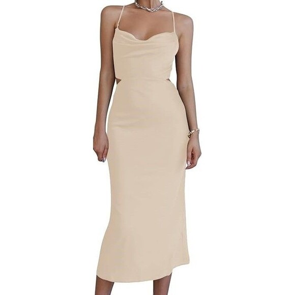 Lyaner Cocktail Dress M Satin Beige Cowl Neck Strappy Cutout Tie Back Sexy - Picture 2 of 6
